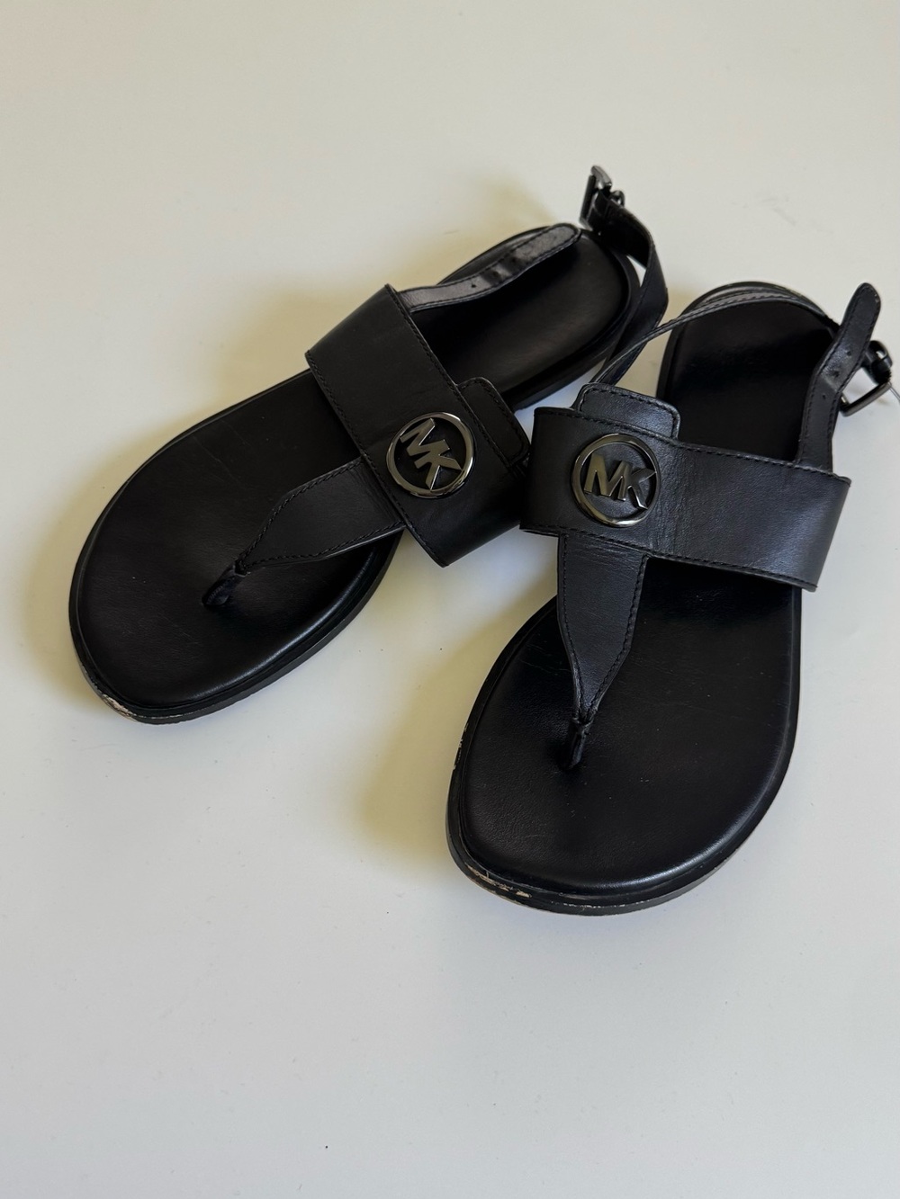 Michael Kors Black Leather MK Logo Slingback Toe-Post Sandals